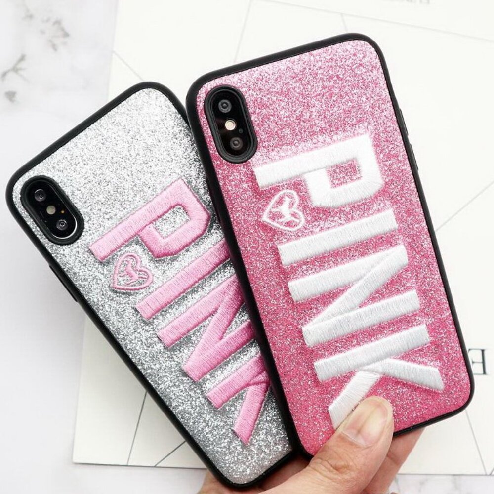 2 Pack Covers for Iphone X (1 silver and 1 pink) Embroidered Letters - Brand New